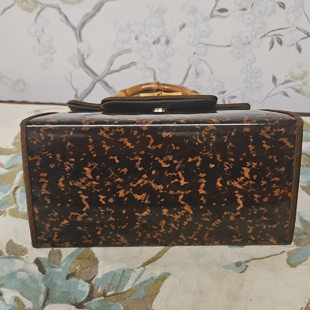 Chic Brown Patterned Satchel with Bamboo Handle - Picture 10 of 11